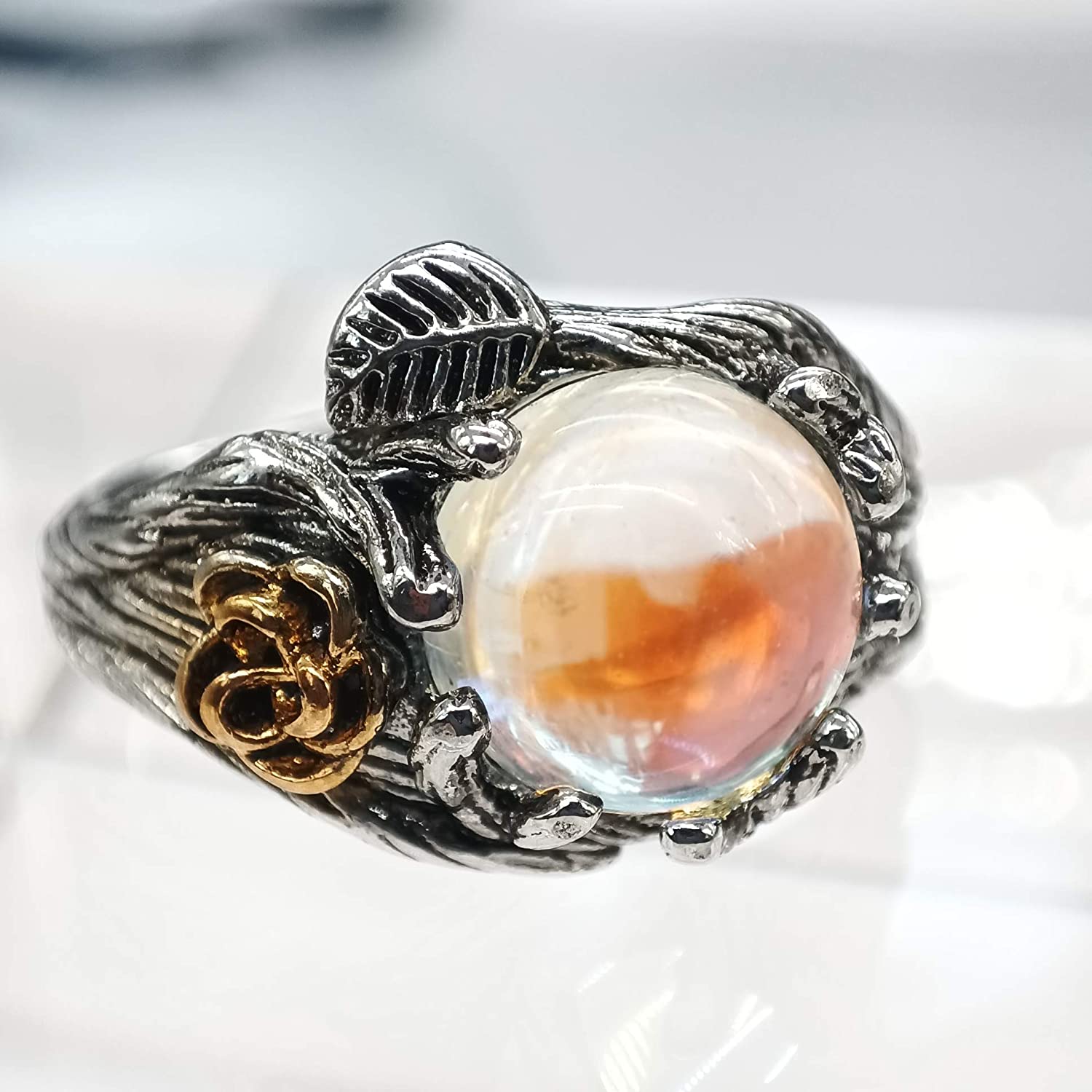 JESMING Rose Moonstone Ring Moon Ring 925 Cute Sterling Silver Rings Leaf Ring Wiccan Jewelry Rose Flower Ring Witchy Jewelry Healing Crystals Ring Antique Rings Moon Stones Ring for Women - Image 2